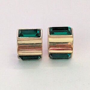 Vintage Gold Tone Green Faux Emerald Baguette Stone Pierced Stud Earrings